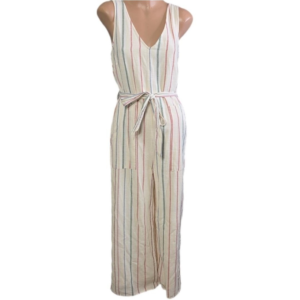 American Eagle Outfitters Jumpsuit Womens XS Striped Linen Wide Leg Belted Ties‎